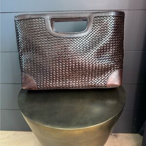 Talbots Dark Brown Leather Woven Tote Handbag Dual Strap